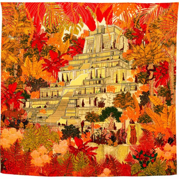 MASION FANLI, TROPICAL TEMPLE ORCHER WOOL & SILK SCARF, 110cm SQUARE.