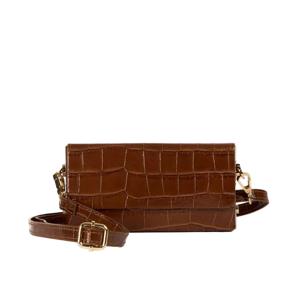 MAISON FANLI, 'MARGOT' BROWN CROCO LEATHER CROSSBODY / CLUCH BAG, 19 x 9 x 5cm, MADE IN ITALY.