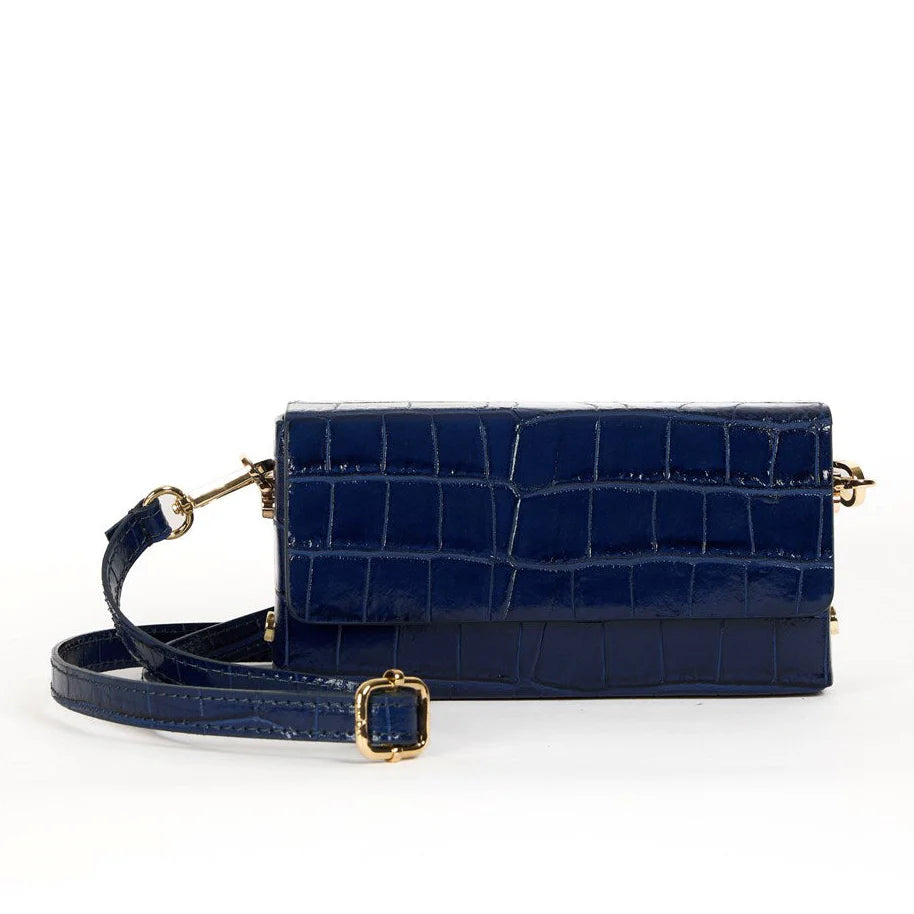 MAISON FANLI, 'MARGOT' NAVY CROCO LEATHER CROSSBODY / CLUCH BAG, 19 x 9 x 5cm, MADE IN ITALY.
