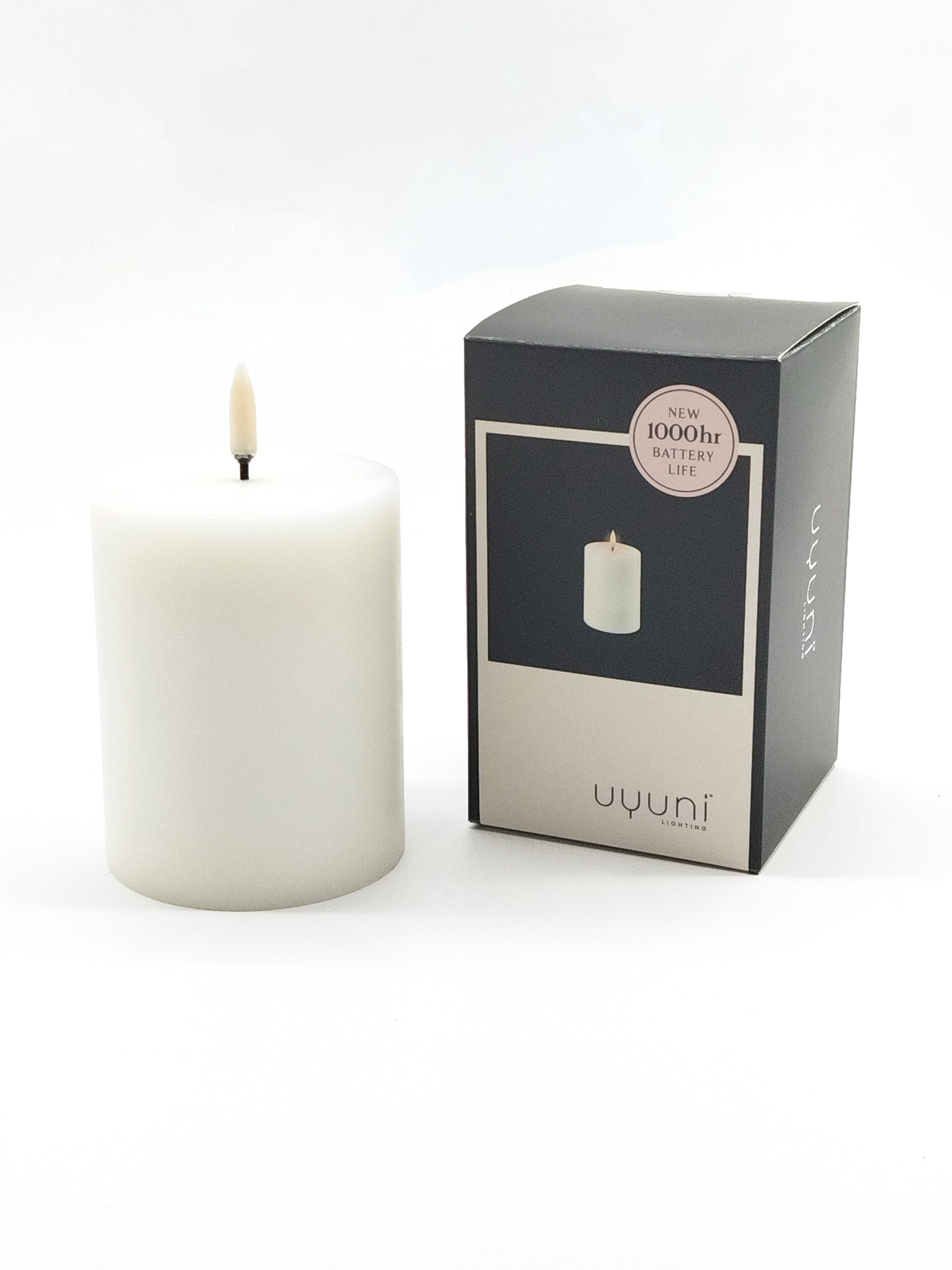 UYUNI REAL WAX FLAMELESS MINI PILLAR CANDLE, NORDIC WHITE, 7.8 x 10.1cm. Batteries Included.