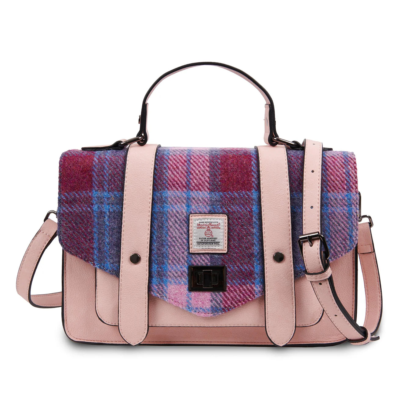 ISLANDER UK, LARGE SATCHEL, PINK & BLUE HARRIS TWEED TARTAN, WITH DETACHABLE CROSSBODY SHOULDER STRAP, 28 x 19 x 9cm.