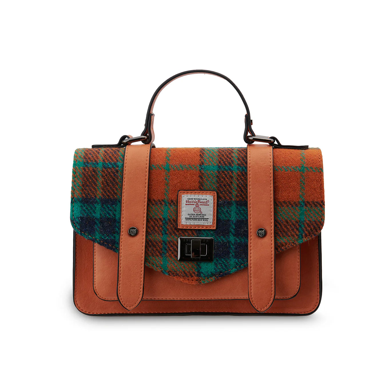 ISLANDER UK, MEDIUM SATCHEL, ORANGE & BLUE HARRIS TWEED TARTAN, L:24cm H:16cm W:7cm