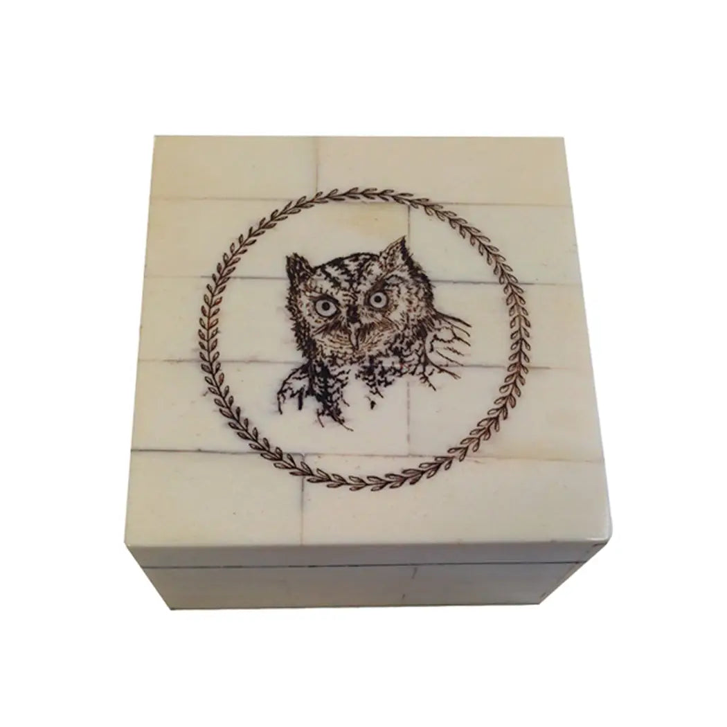OWL SCRIMSHAW BOX, 8 x 8 x 5cm.