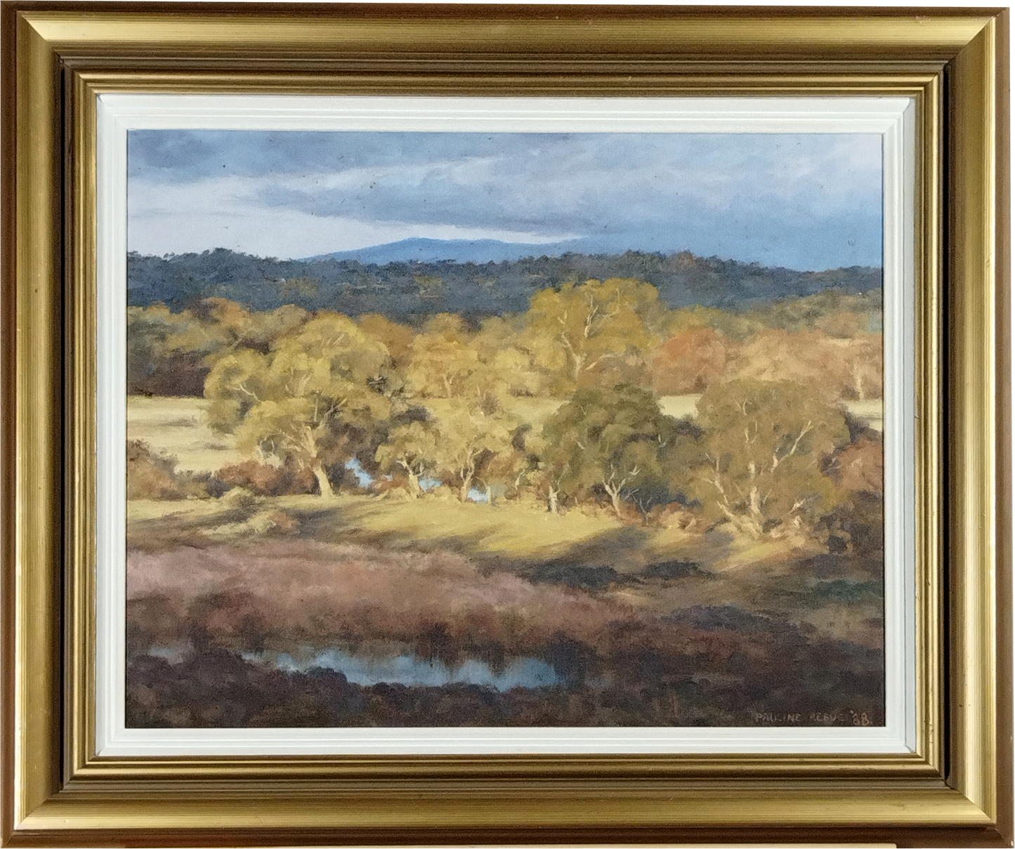 PAULINE REEVE, WINTER SUNLIGHT YARRA VALLEY, HEIDELBERG 1989, SIGNED LOWER LEFT, OIL ON BOARD, 42 x 50cm, FRAME 66 x 58cm.