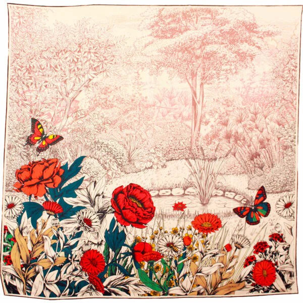 MASION FANLI, HELOISE PIVOINES ORANGE, SILK & WOOL SCARF, 110cm SQUARE.