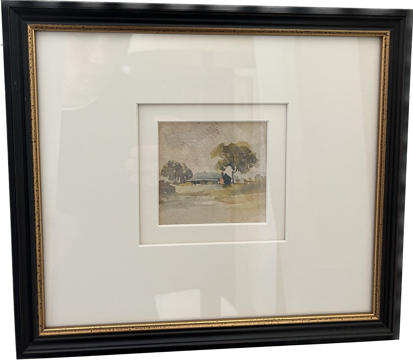 A TRIO OF MINIATURE WATER COLOURS, THREE COUNTRY SCENES, FRAMES 30 x 26cm.