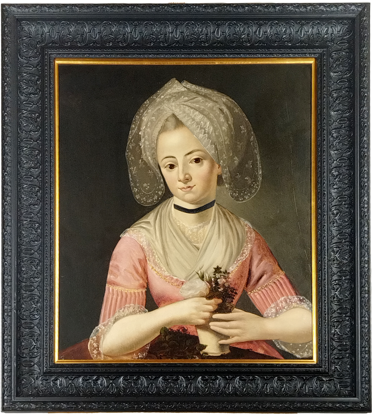 AN 18th CENTURY PORTRAIT OF A YOUNG LADY IN PINK HOLDING A POSY OF FLOWERS, OIL ON CANVAS, IMAGE 55 x 85cm, CUSTOM MADE FRAME 73 x 84cm.