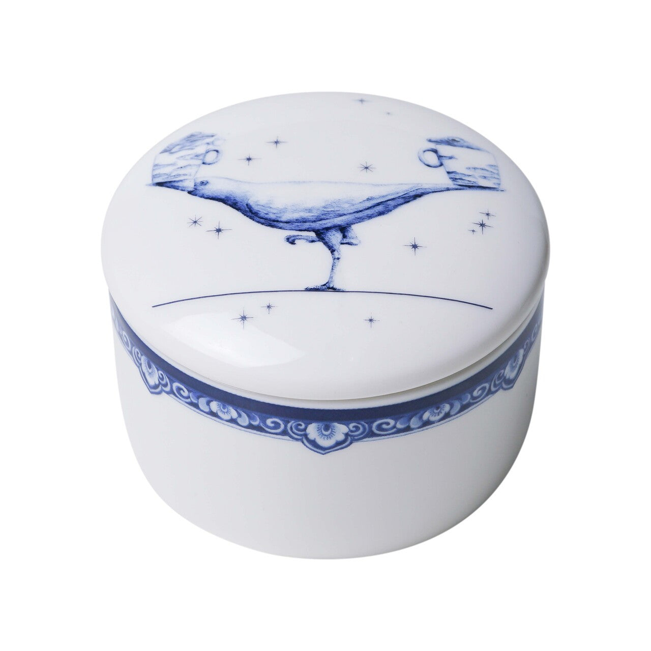 HEINEN DELFTS BLAUW, REDMER HOEKSTRA ZODIAC CANDLE 'LIBRA', WITH REUSABLE CERAMIC LIDDED CONTAINER, DIAMETER 7.5cm.