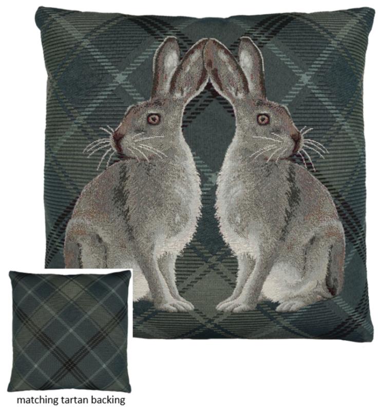 ADORABELLA, RABBITS & BLUE TARTAN JACQUARD CUSHION, 47cm SQUARE, MADE IN AUSTRALIA.