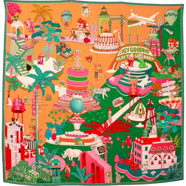 MASION FANLI, GATEAUX GREEN SILK SCARF, 90cm SQUARE.