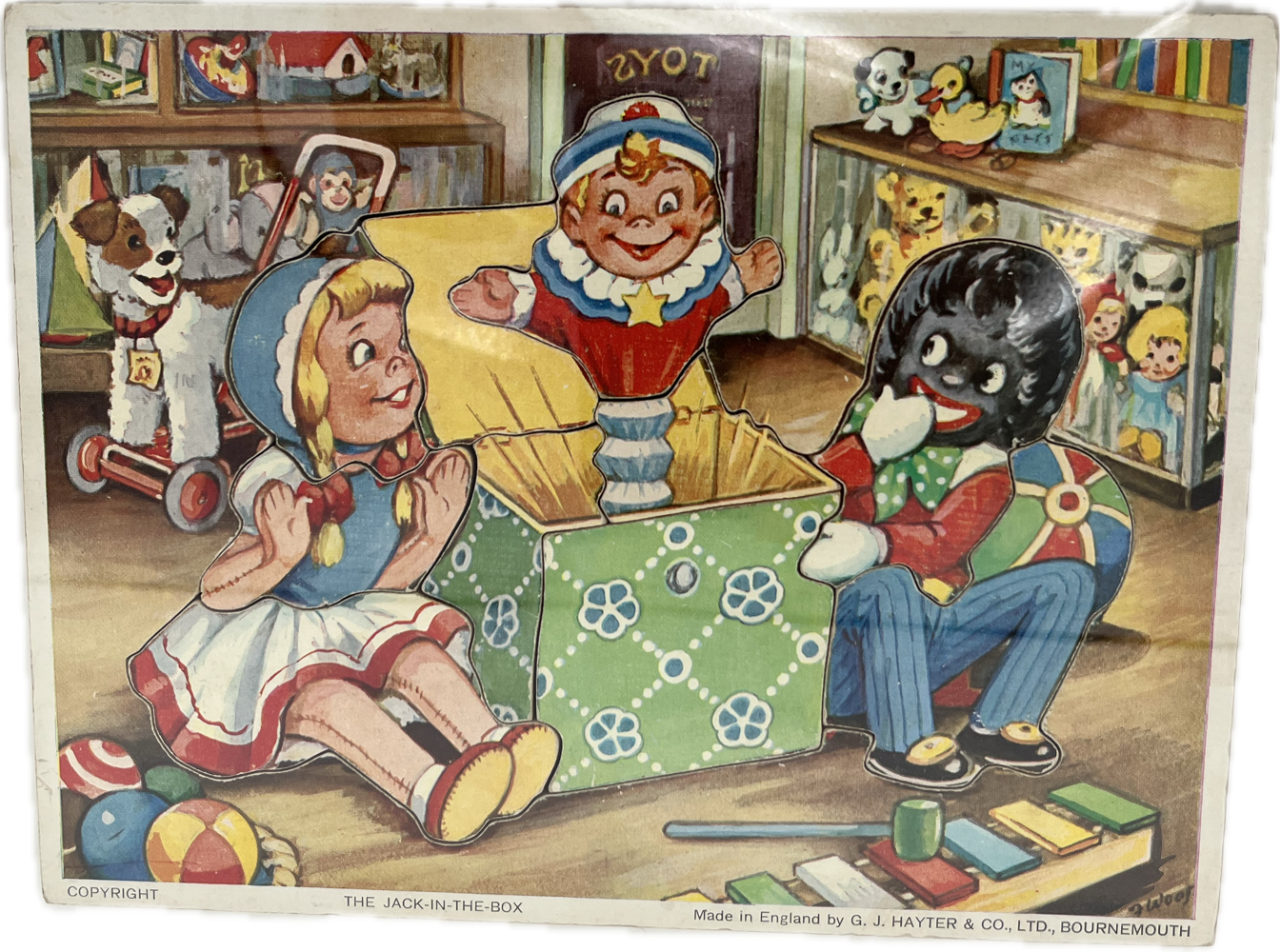 FRAMED JACK IN THE BOX WOODEN PUZZLE, FRAME 34 x 30cm.