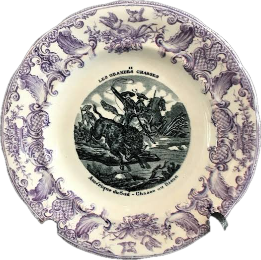 GIEN, LES GRANDES CHASSES SERIES - CHASSE au BISON & CHASSE aux AUTRUCHES, DIAMETER 19cm.