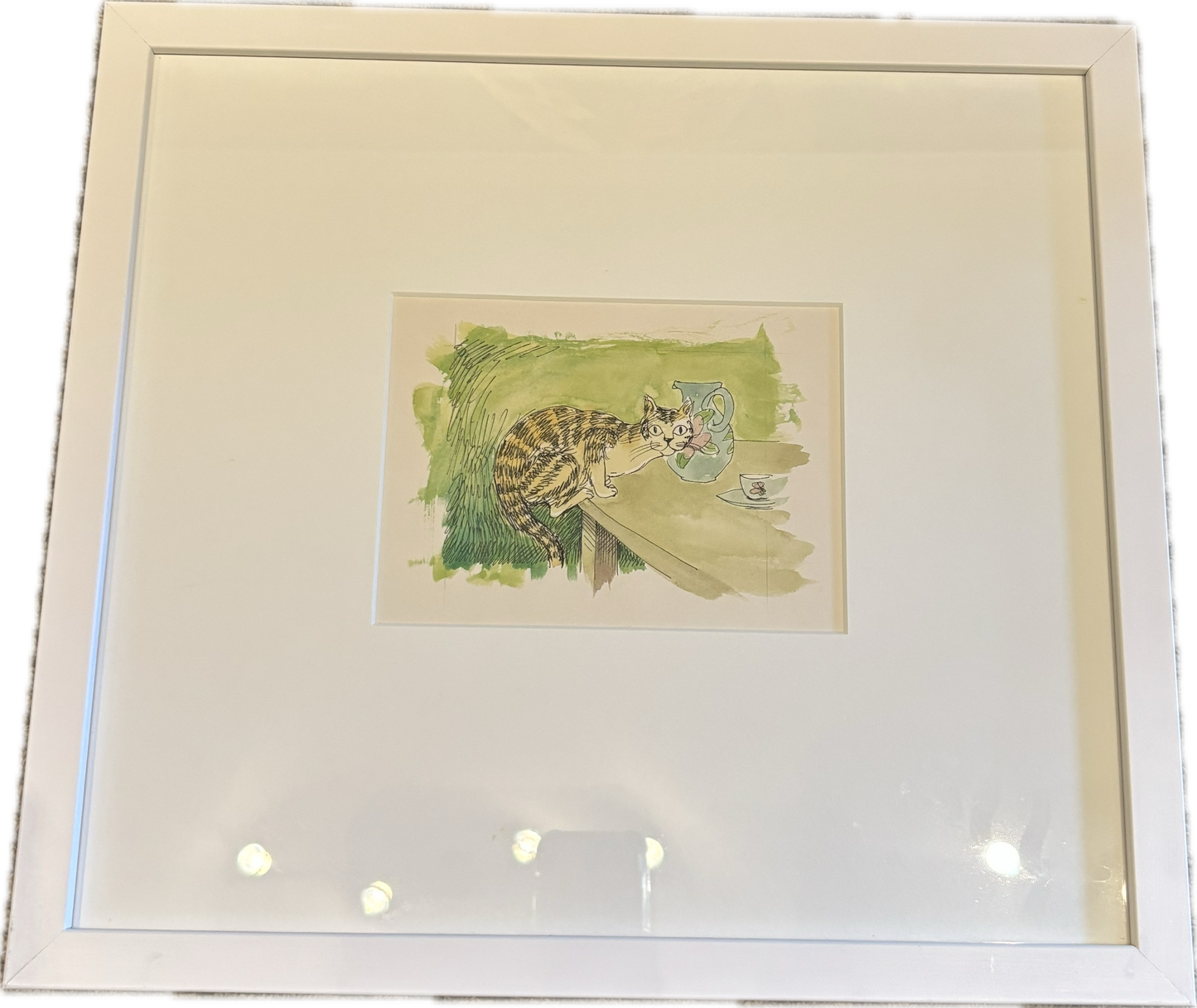 CAT ON TABLE, WATERCOLOUR AND INK, 17 x 12cm, CUSTOM MADE FRAME 40 x 36cm.