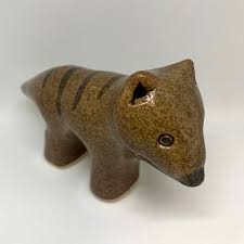 YOONA WELLING DESIGN'S, SLIP CAST, HAND GLAZED CERAMIC THYLACINE / TASMANIAN TIGER, 8 x 4 x 14cm.