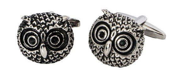 OWL CUFFLINKS, BLACKENED SILVER METAL, PROPELLER BACKS.