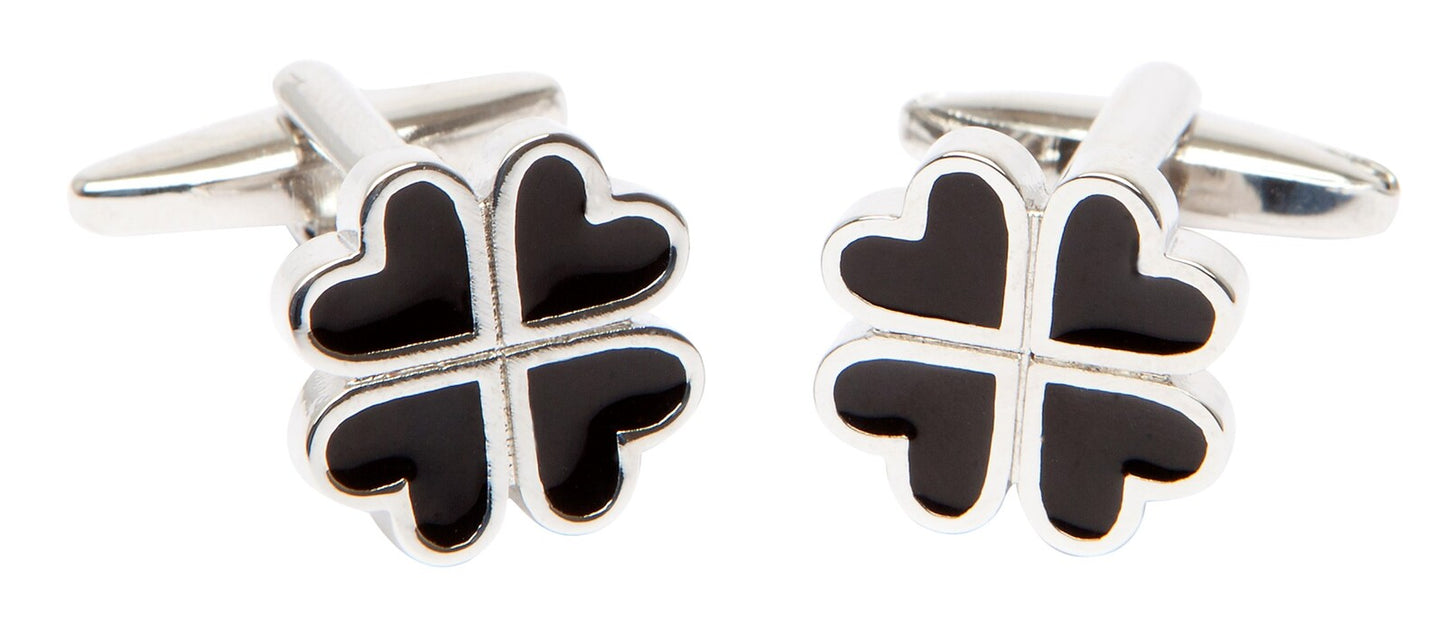 LUCKY FOUR LEAF CLOVER CUFFLINKS, BLACK ENAMEL WITH SWIVEL FITTINGS.