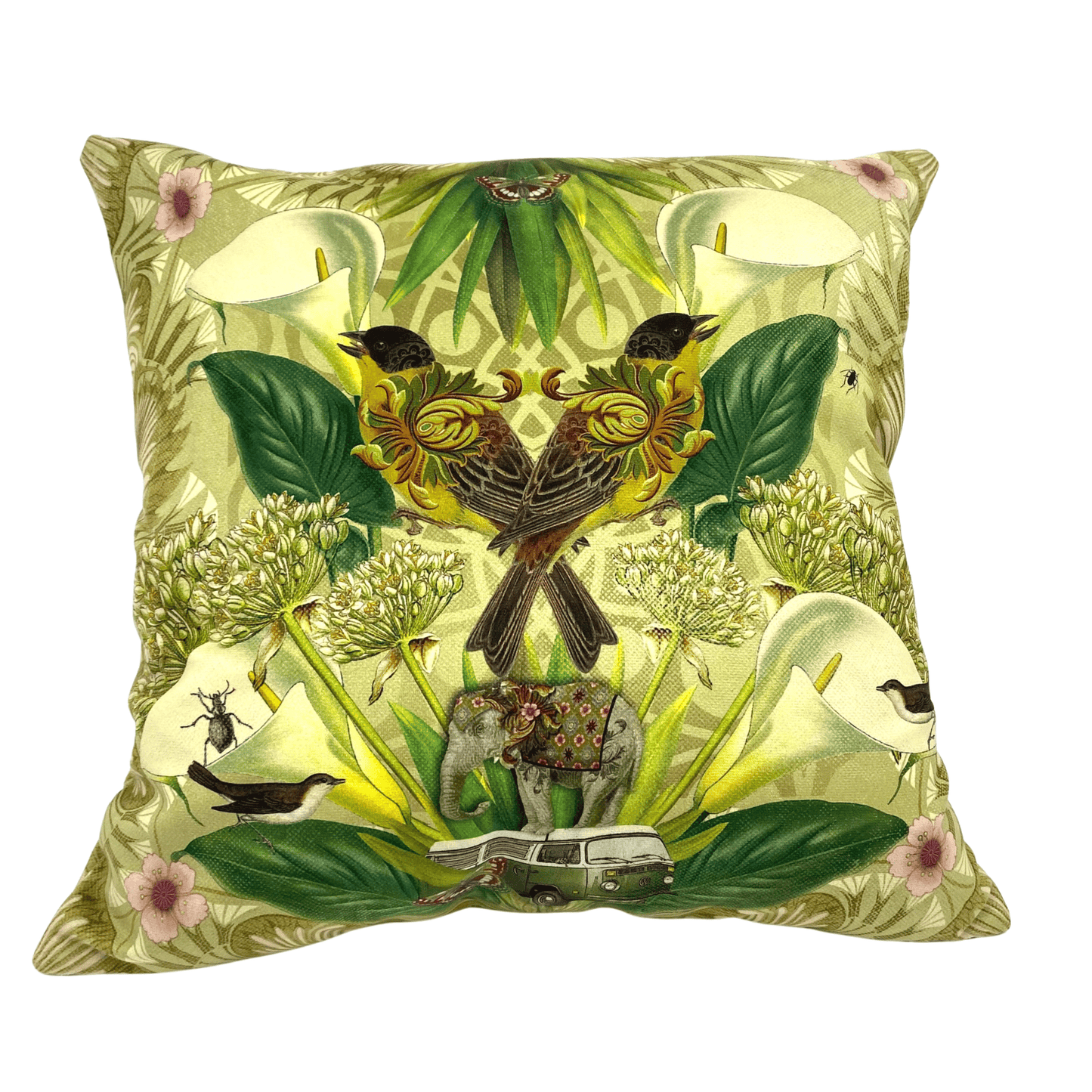 ISABELLE FRIOUX COLLECTION, COMBI ART DECO BIRDS VELOUR CUSHION, MADE IN FRANCE, 40cm SQUARE.