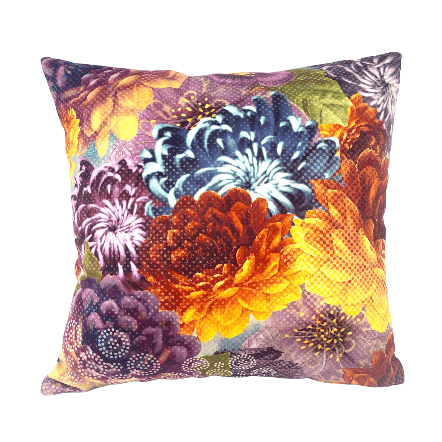 ISABELLE FRIOUX COLLECTION, 'DAHLIAS ORANGES' VELOUR CUSHION, MADE IN FRANCE, 40cm SQUARE.