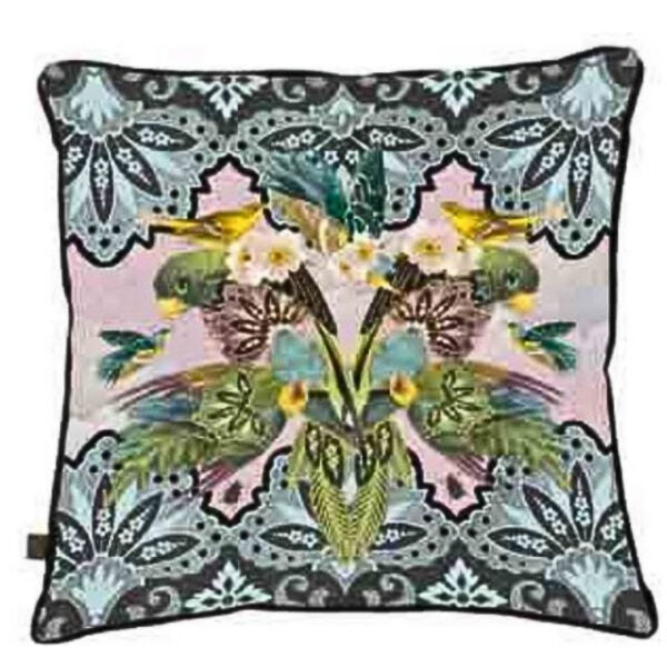 ISABELLE FRIOUX COLLECTION, 'PARROT DUO' VELOUR CUSHION, MADE IN FRANCE, 40cm SQUARE.