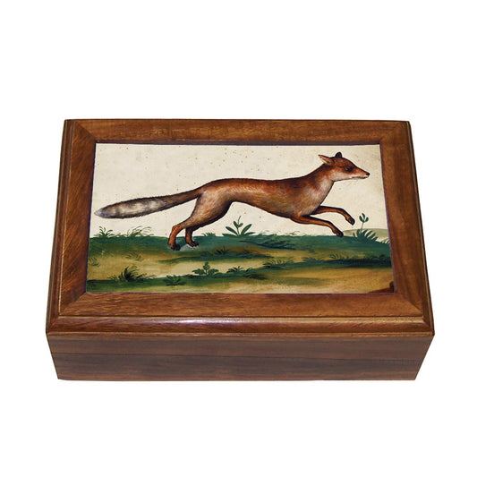RUNNING FOX WATER COLOUR PRINT WOODEN TRINKET / JEWELLERY BOX, 16 x 11 x 5cm.