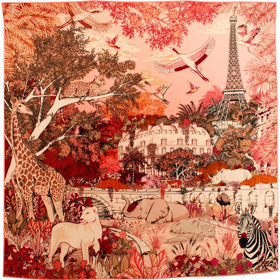 MASION FANLI, WILD PARIS PINK SILK & WOOL SCARF, 110cm SQUARE.