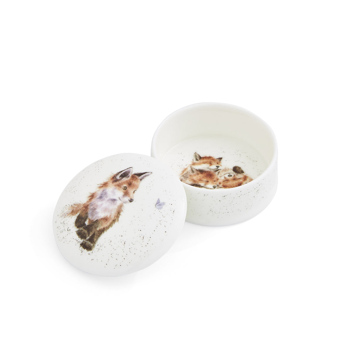 ROYAL WORCESTER, WRENDALE FOX MOTIF CIRCULAR PORCELAIN LIDDED TRINKET, DIAMETER 8cm.