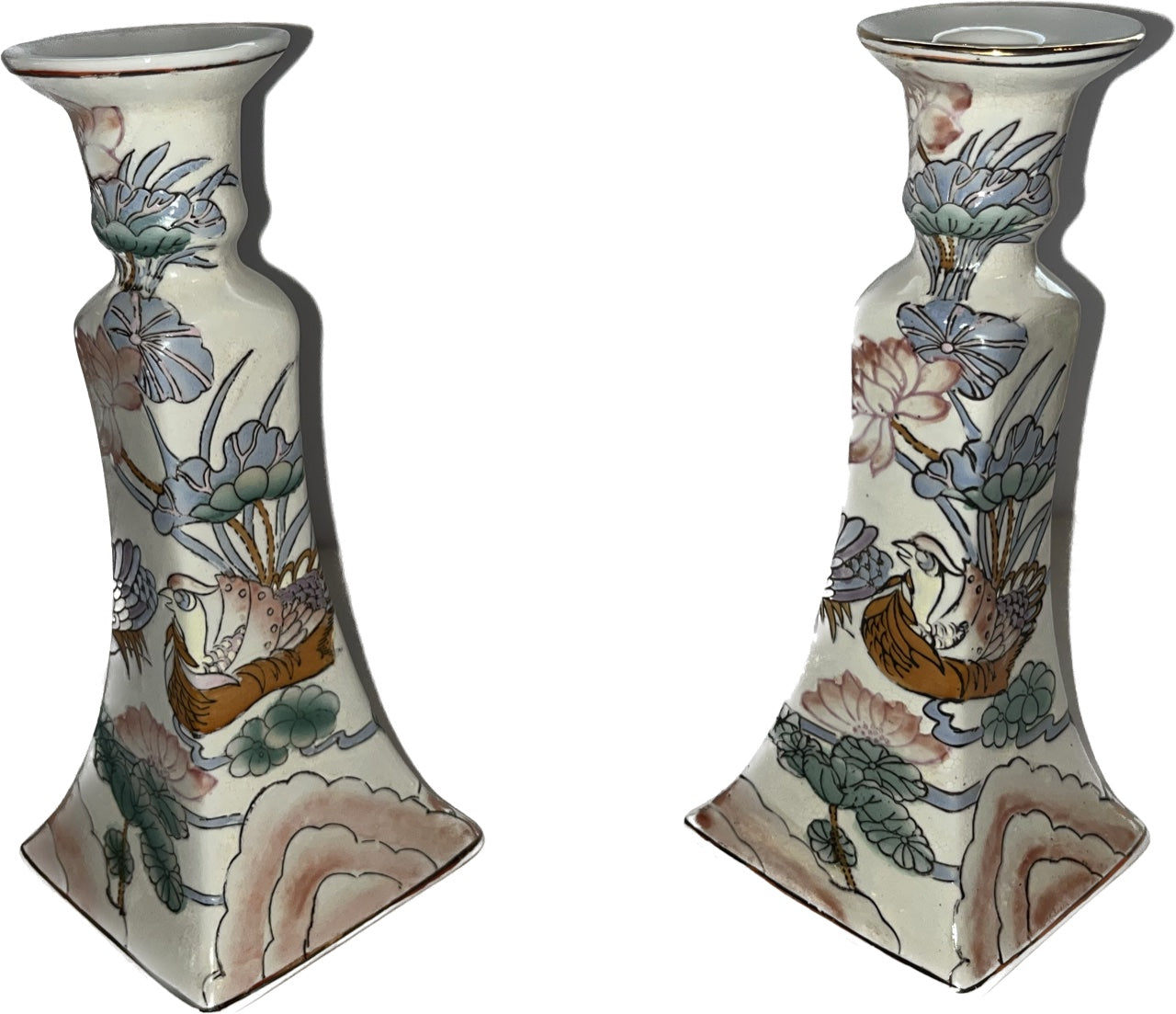 A PAIR OF CHIESE HAND PAINTED CANDLE HOLDERS WITH BIRD AND FLORAL DESIGN, HEIGHT 22cm.