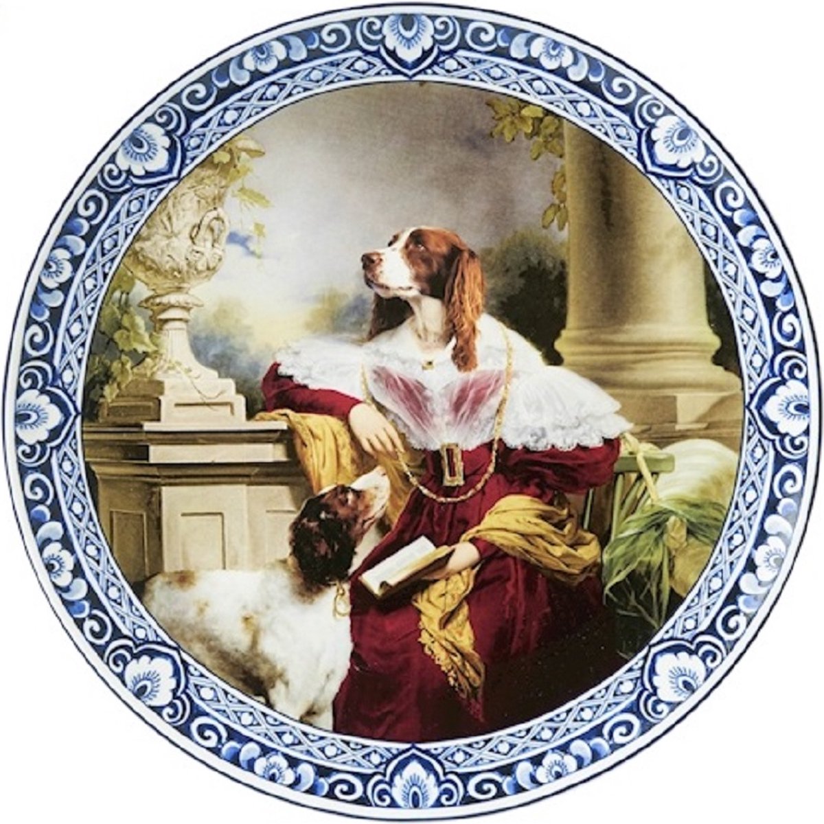 HEINEN DELFTS BLAUW, LADY SPRINGER SPANIEL WALL PLATE, 26cm.