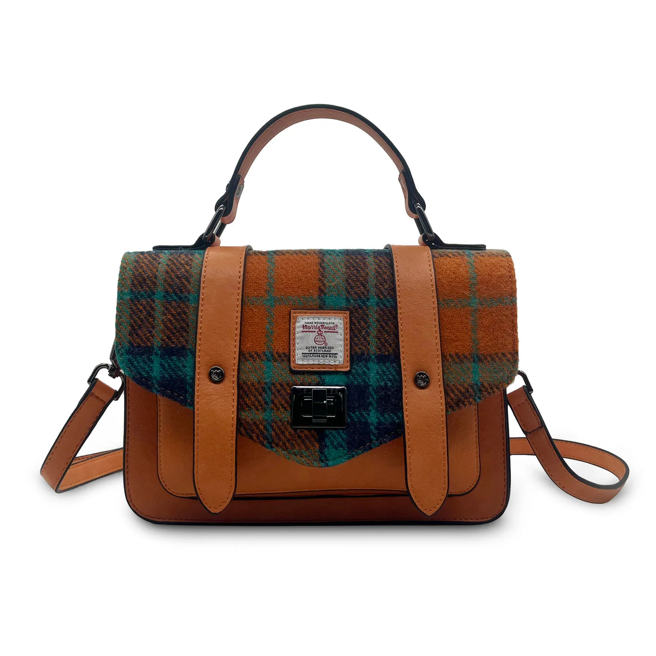 ISLANDER UK, MINI SATCHEL, ORANGE & BLUE HARRIS TWEED TARTAN, L:20.5cm H:14cm W:9cm.