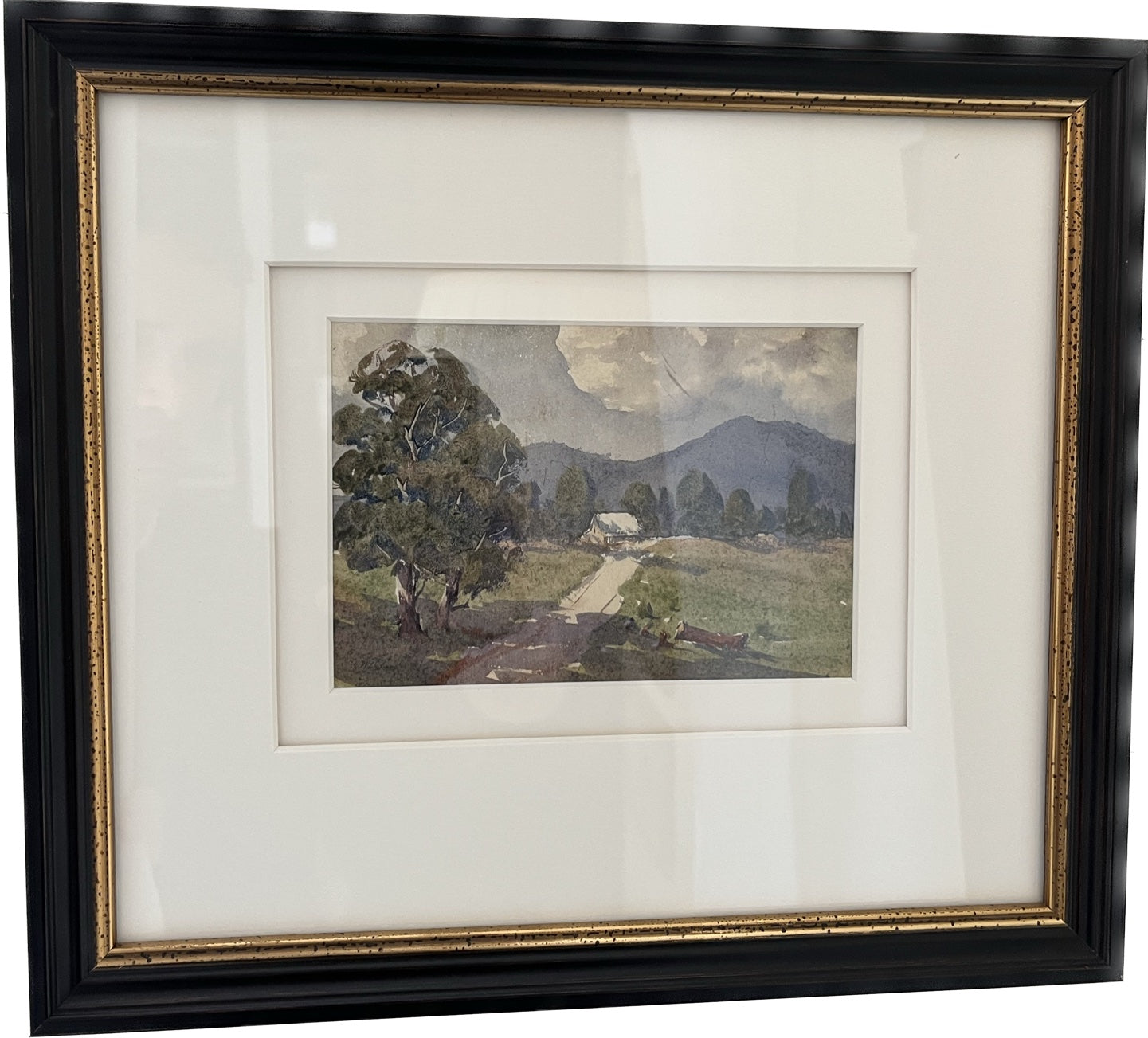 A TRIO OF MINIATURE WATER COLOURS, THREE COUNTRY SCENES, FRAMES 30 x 26cm.