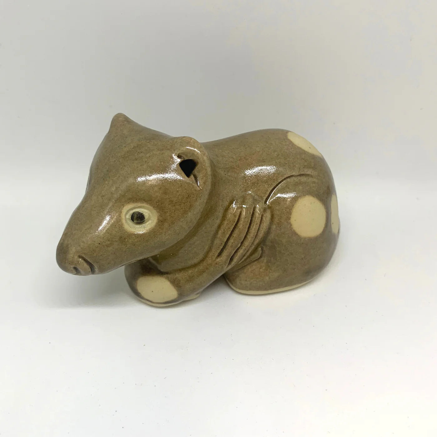 YOONA WELLING DESIGN'S, SLIP CAST, HAND GLAZED CERAMIC QUOLL, 5 x 9 x 4cm.
