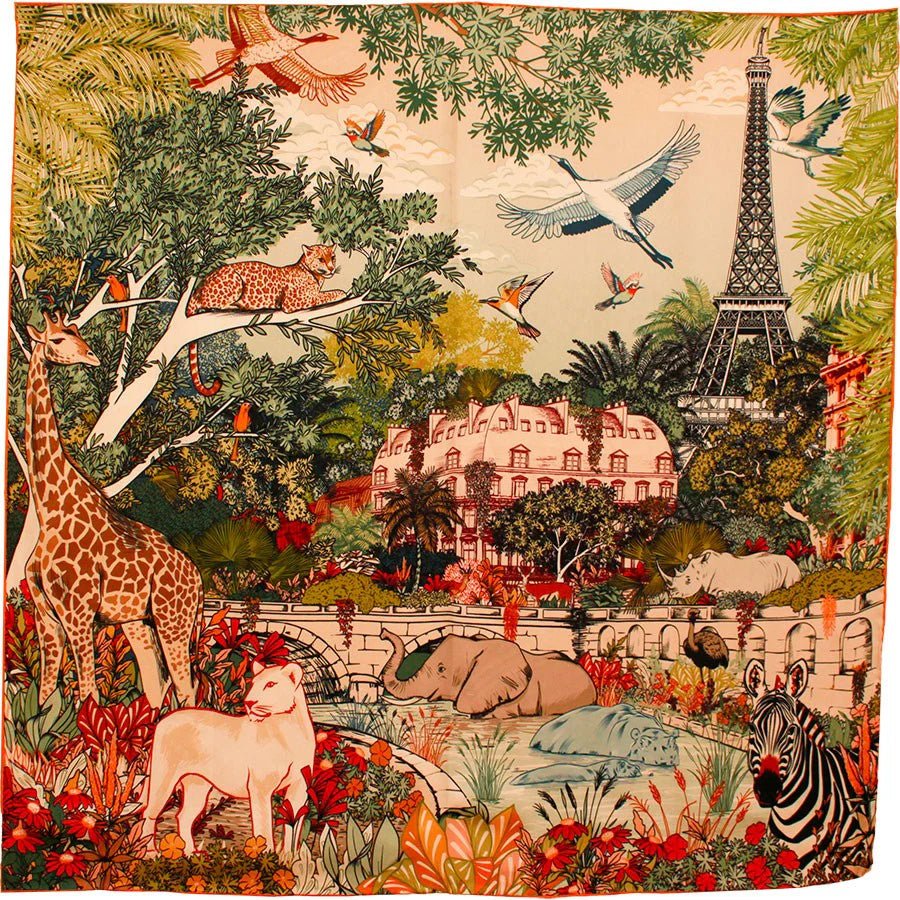 MAISON FANLI, WILD PARIS GREEN SILK SCARF, 90cm SQUARE.