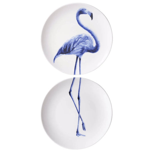 HEINEN DEFTS BLAUW, TALL FLAMINGO, DIPTYCH DECORATIVE CERAMIC WALL PLATES, DIAMETER 20.5cm.
