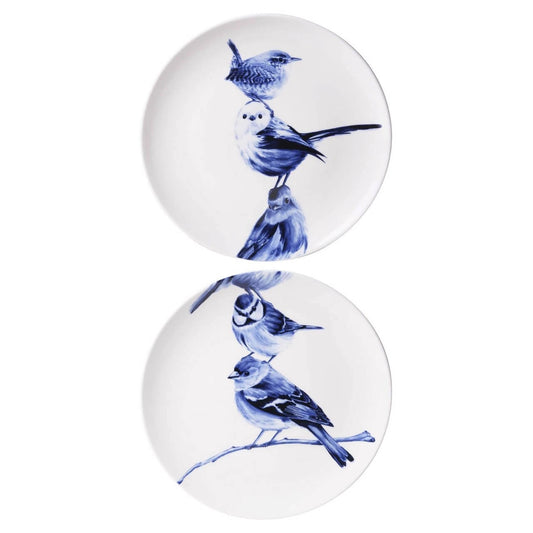 HEINEN DEFTS BLAUW, BALANCING BIRDS, DIPTYCH DECORATIVE CERAMIC WALL PLATES, DIAMETER 26cm.