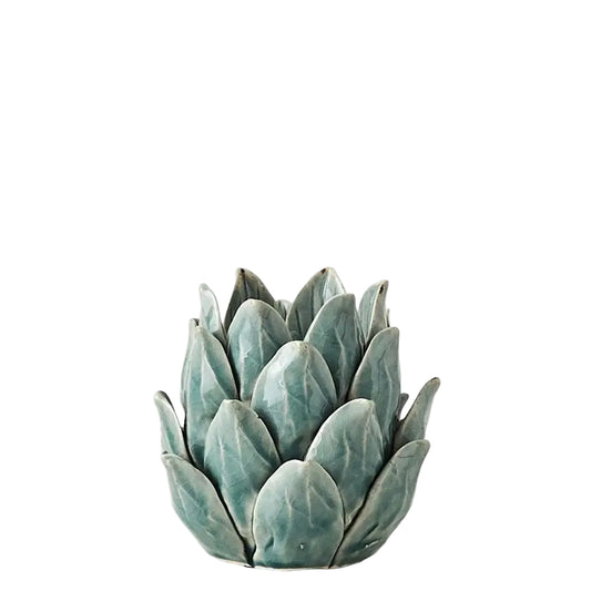 A PAIR OF 'DUCK EGG BLUE' GLAZED CERAMIC ARTICHOKE CANDLE HOLDERS, HEIGHT 15cm.