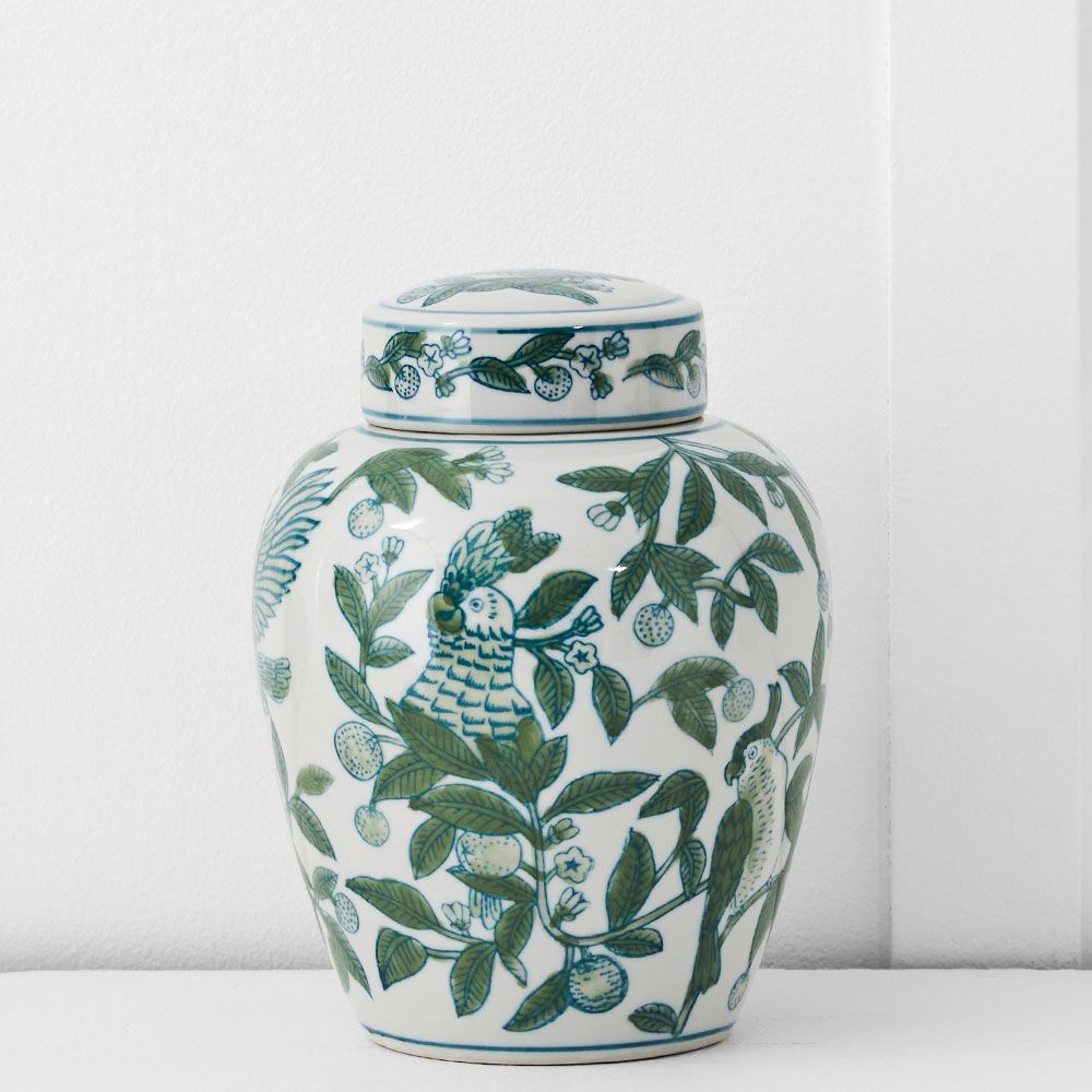 SMALL PARROT DESIGN CERAMIC GINGER JAR, DIAMETER 15cm, HEIGHT 20cm.