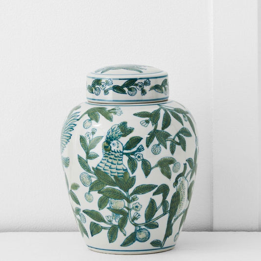 SMALL PARROT DESIGN CERAMIC GINGER JAR, DIAMETER 15cm, HEIGHT 20cm.