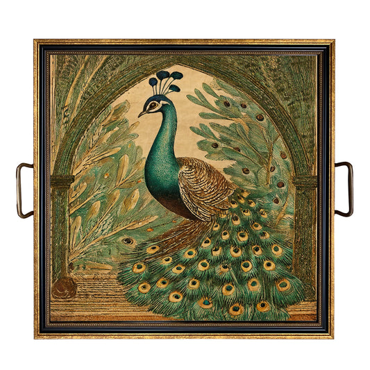 LARGE PEACOCK DECORATIVE TRAY WITH BRASS HANDLES, 44cm SQUARE