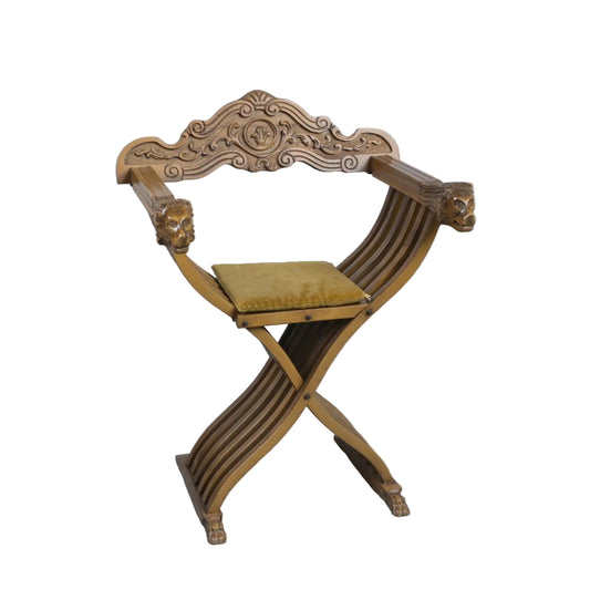 A HARDWOOD SAVANAROLA CHAIR, H86cm x W6cm x  D62cm.