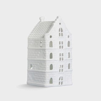 KLEVERING, WHITE PORCELAIN TEALIGHT 'WAREHOUSE' LARGE CANAL HOUSE, 8.5 x 7.5 x 16cm.