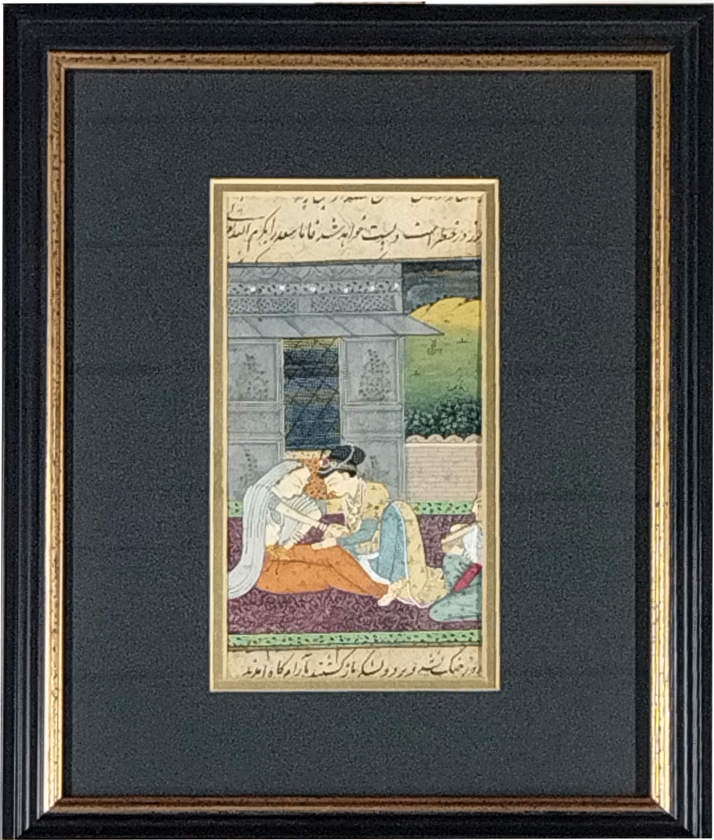 A PAIR OF TRADITIONAL MINIATURE INDIAN MUGHAL PAINTINGS ON PAPER, COURTING SCENES, IMAGE 7 x 16cm, CUSTOM MADE FRAME 23 x 28cm.