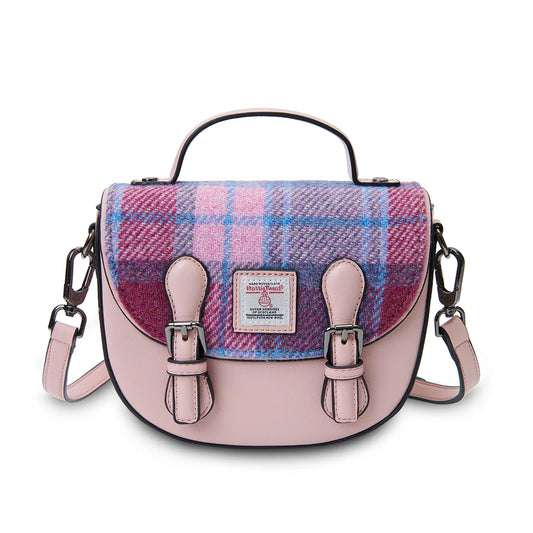 ISLANDER UK, MINI COBBLE SADDLE BAG, PINK AND BLUE HARRIS TWEED TARTAN L:22cm W:8cm H:19cm.
