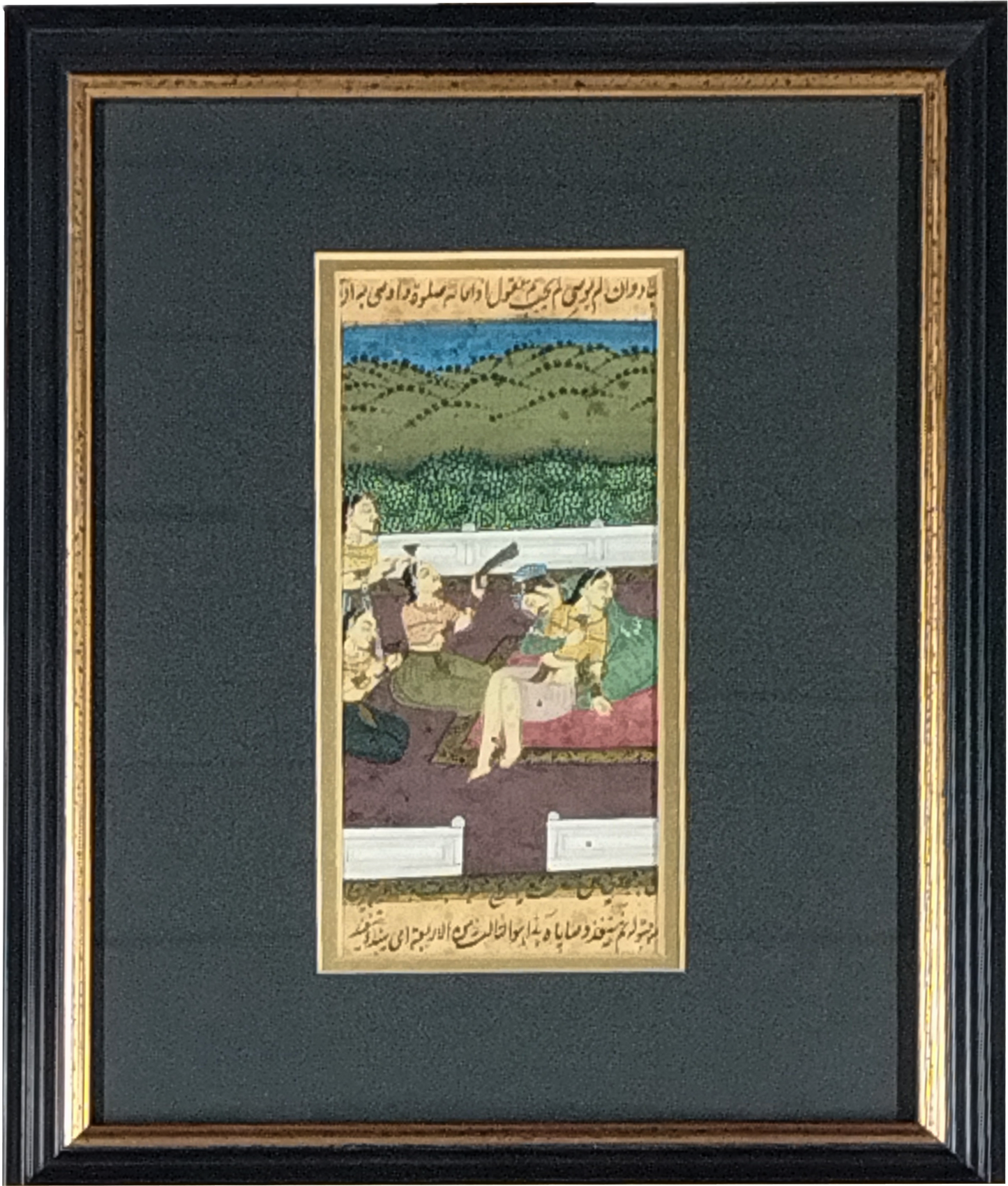 A PAIR OF TRADITIONAL MINIATURE INDIAN MUGHAL PAINTINGS ON PAPER, COURTING SCENES, IMAGE 7 x 16cm, CUSTOM MADE FRAME 23 x 28cm.