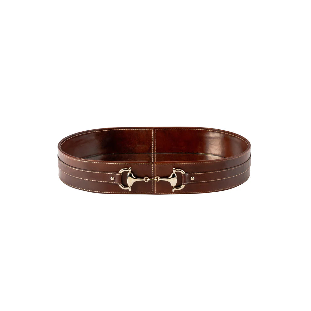 EQUESTRIAN OVAL TAN LEATHER TRAY, WITH STIRRUP MOTIF, 40.5 X 25.5