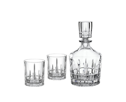 GERMAN CRYSTAL THREE PIECE WHISKEY DECANTER AND TUMBLER SET