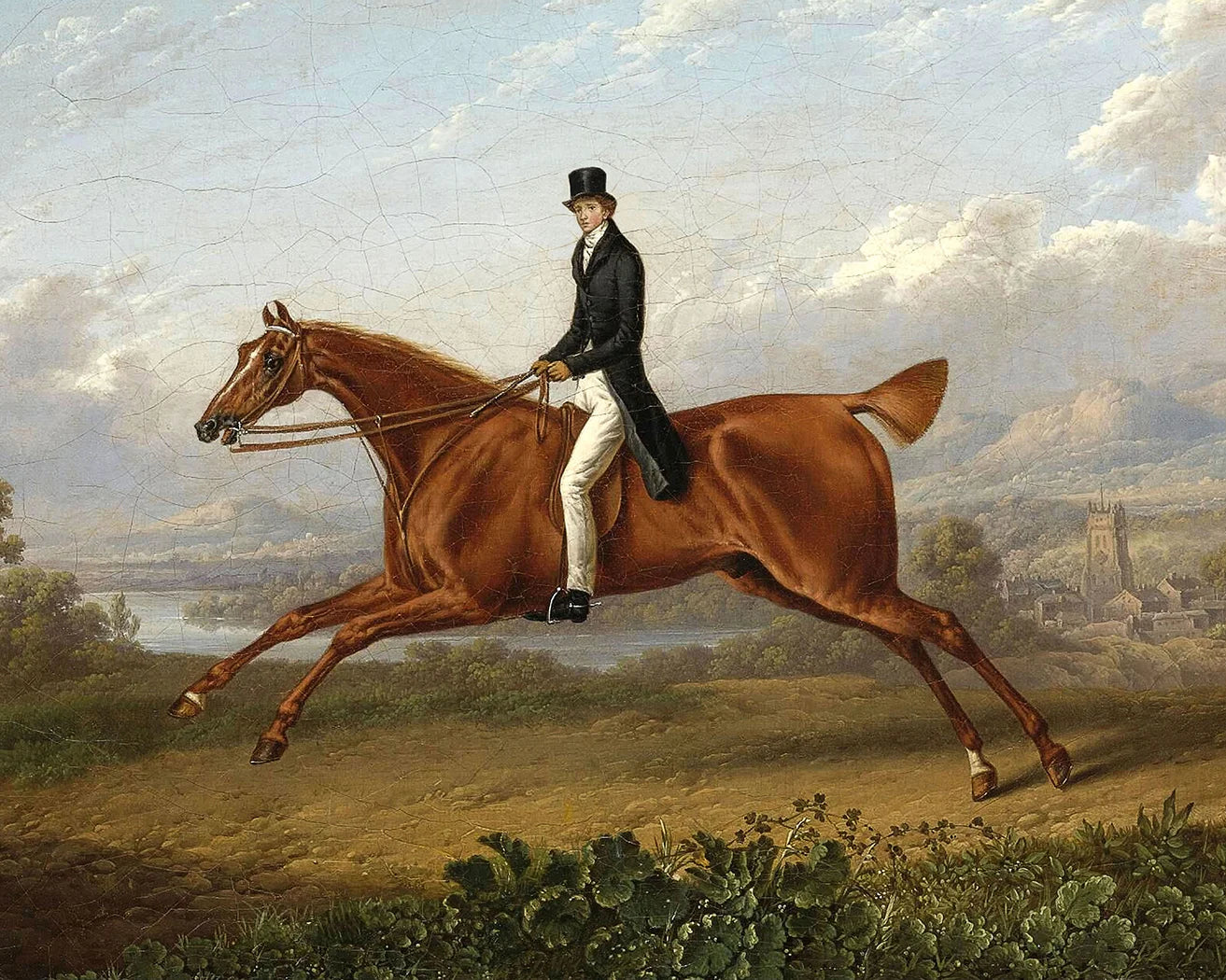 GENTLEMAN ON A GALLOPING HORSE PRINT WOODEN TRINKET / JEWELLERY BOX, 16 x 11 x 5cm.