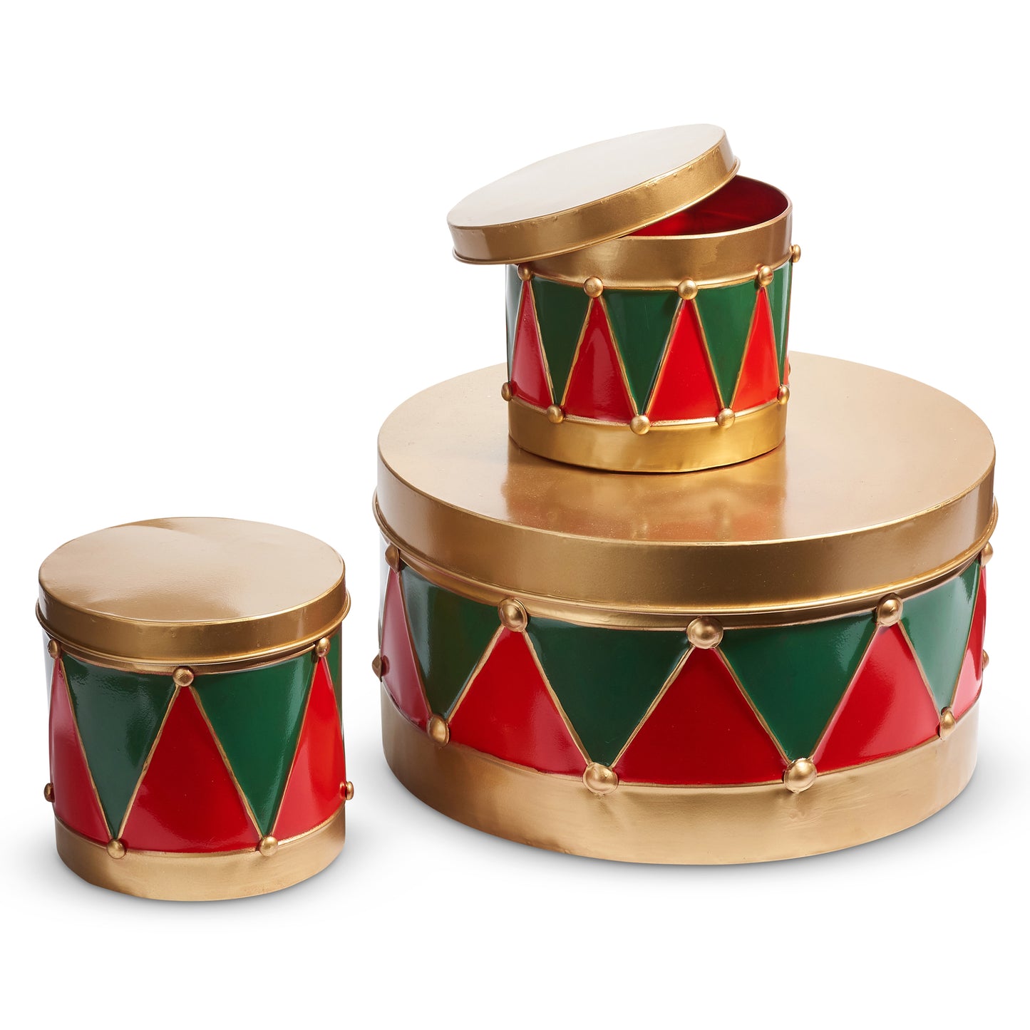 RED, GREEN AND GOLD CHRISTMAS DRUM TRIO, LARGEST 33cm.