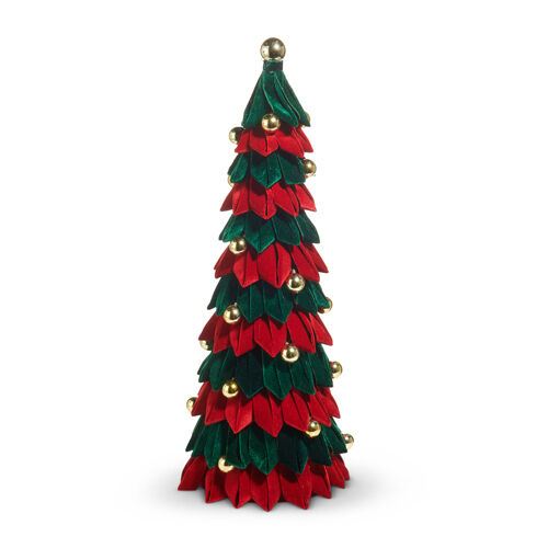 RED AND GREEN VELVET CHRISTMAS TREE WITH GOLD BELL DECORATION, HEIGHT 53cm.