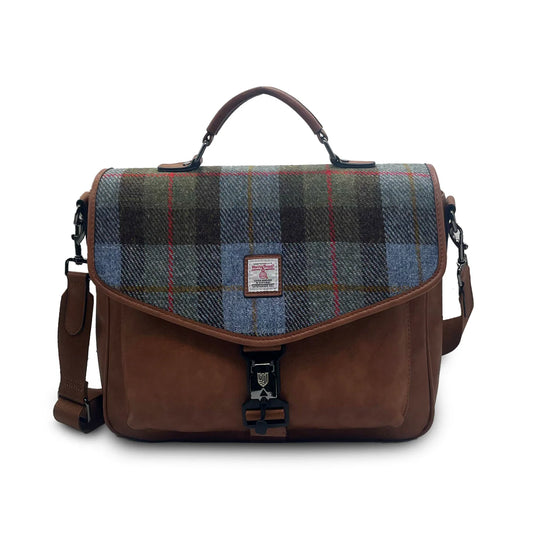 ISLANDER UK, LAPTOP BAG IN CHESTNUT BLUE HARRIS TWEED TARTAN, WITH DETACHABLE SHOULDER AND BACKPACK STRAP, L:17cm H:39cm W:27cm