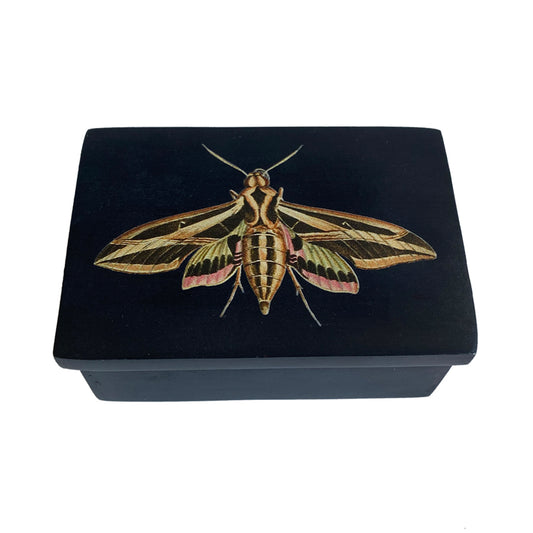 SPHINX MOTH BLACK LIDDED SOAPSTONE DISH, 7.5 x 5.5cm